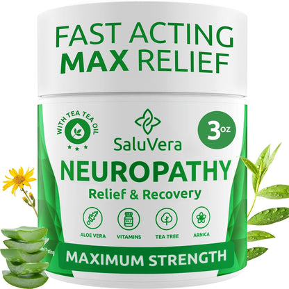 SaluVera Neuropathy Pain Relief Cream - Maximum Strength Nerve Pain Reliever for Foot, Toes, Hands, Legs with Aloe Vera, Arnica, MSM Vitamin B6, and Menthol for Fast-Acting Relief 3oz - Maple Wellness Supplements