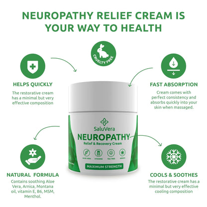 SaluVera Neuropathy Pain Relief Cream - Maximum Strength Nerve Pain Reliever for Foot, Toes, Hands, Legs with Aloe Vera, Arnica, MSM Vitamin B6, and Menthol for Fast-Acting Relief 3oz - Maple Wellness Supplements