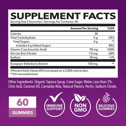 Sambucus Elderberry Gummies for Adults - Immune Support Supplement with Vitamin C and Zinc - Enhanced Formula for Daily Defense - 60 Count - Maple Wellness Supplements