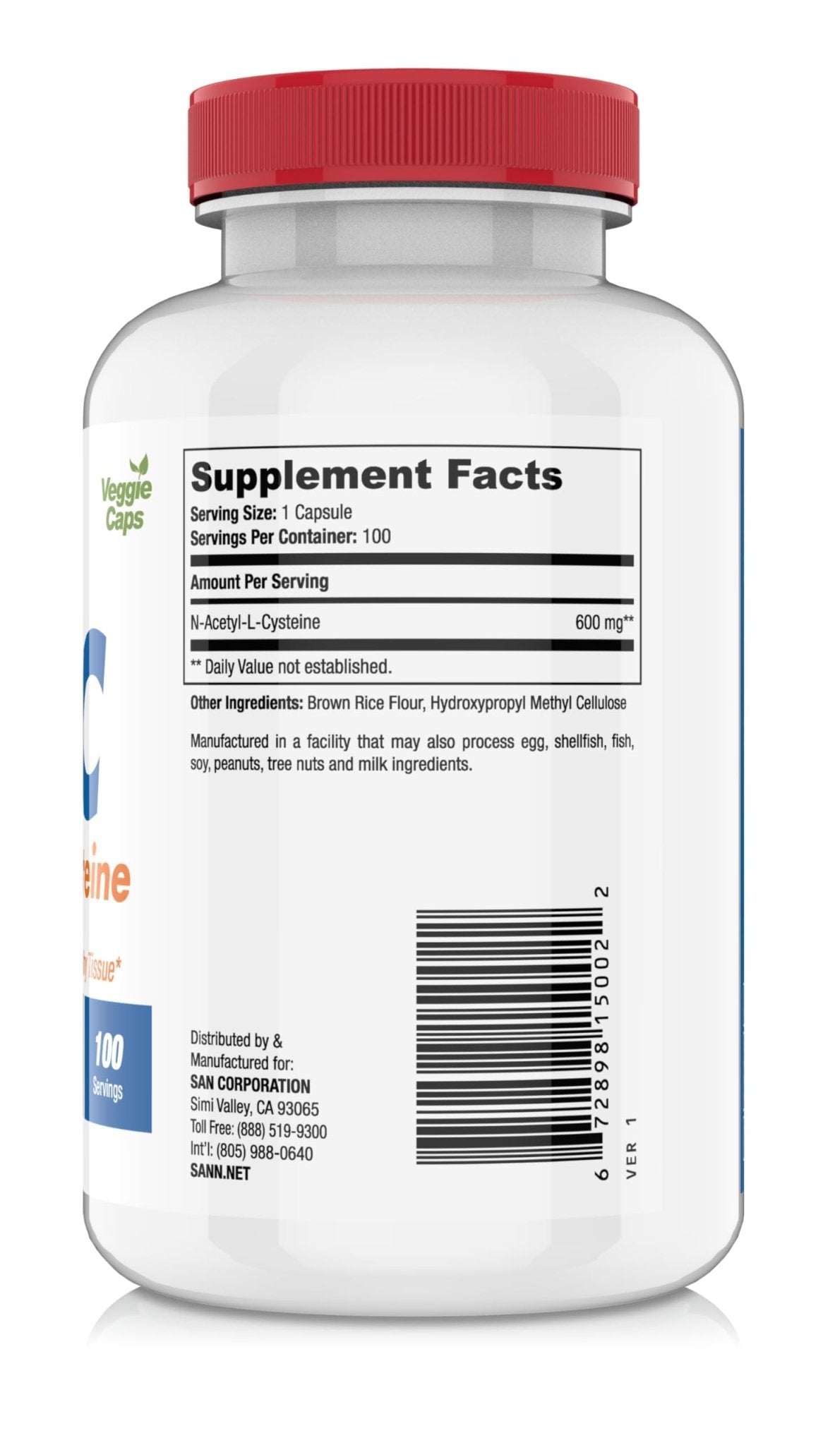 SAN N-Acetyl-L-Cysteine (NAC), Immune, Respiratory, Liver Health, NAC 600 mg, Potent antioxidant Support, Free-radicals, Easy to Absorb, 100 Capsules - Maple Wellness Supplements