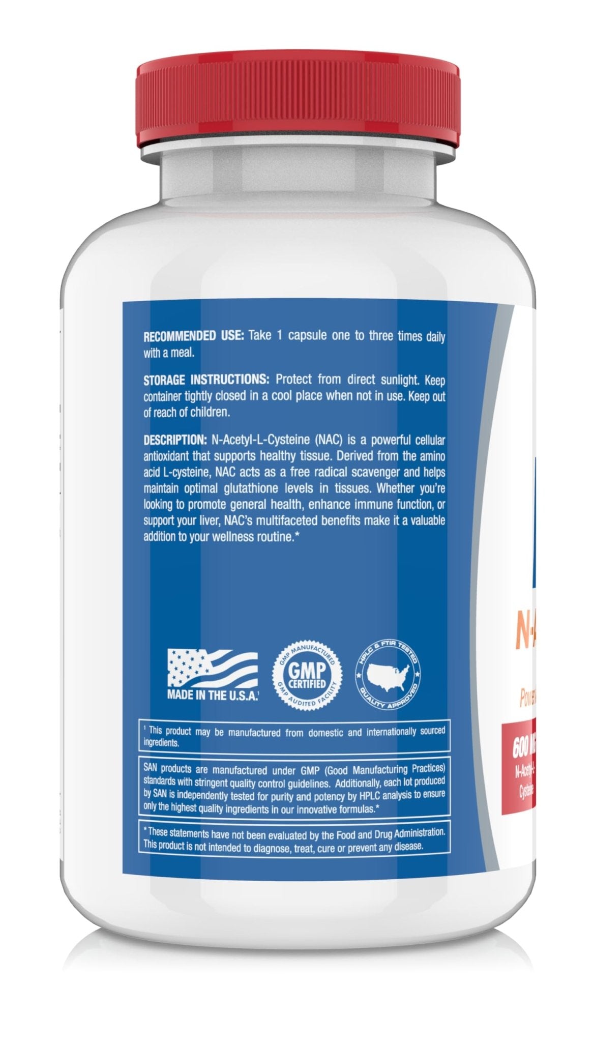 SAN N-Acetyl-L-Cysteine (NAC), Immune, Respiratory, Liver Health, NAC 600 mg, Potent antioxidant Support, Free-radicals, Easy to Absorb, 100 Capsules - Maple Wellness Supplements