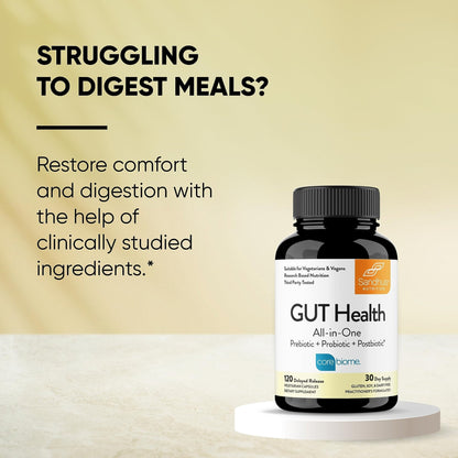 Sandhu's Gut Health - Prebiotic, Probiotic, Postbiotic & L-Glutamine | Digestive Health, Colon, Probiotic Total Supplements | 120 Delayed Release Capsules - Maple Wellness Supplements