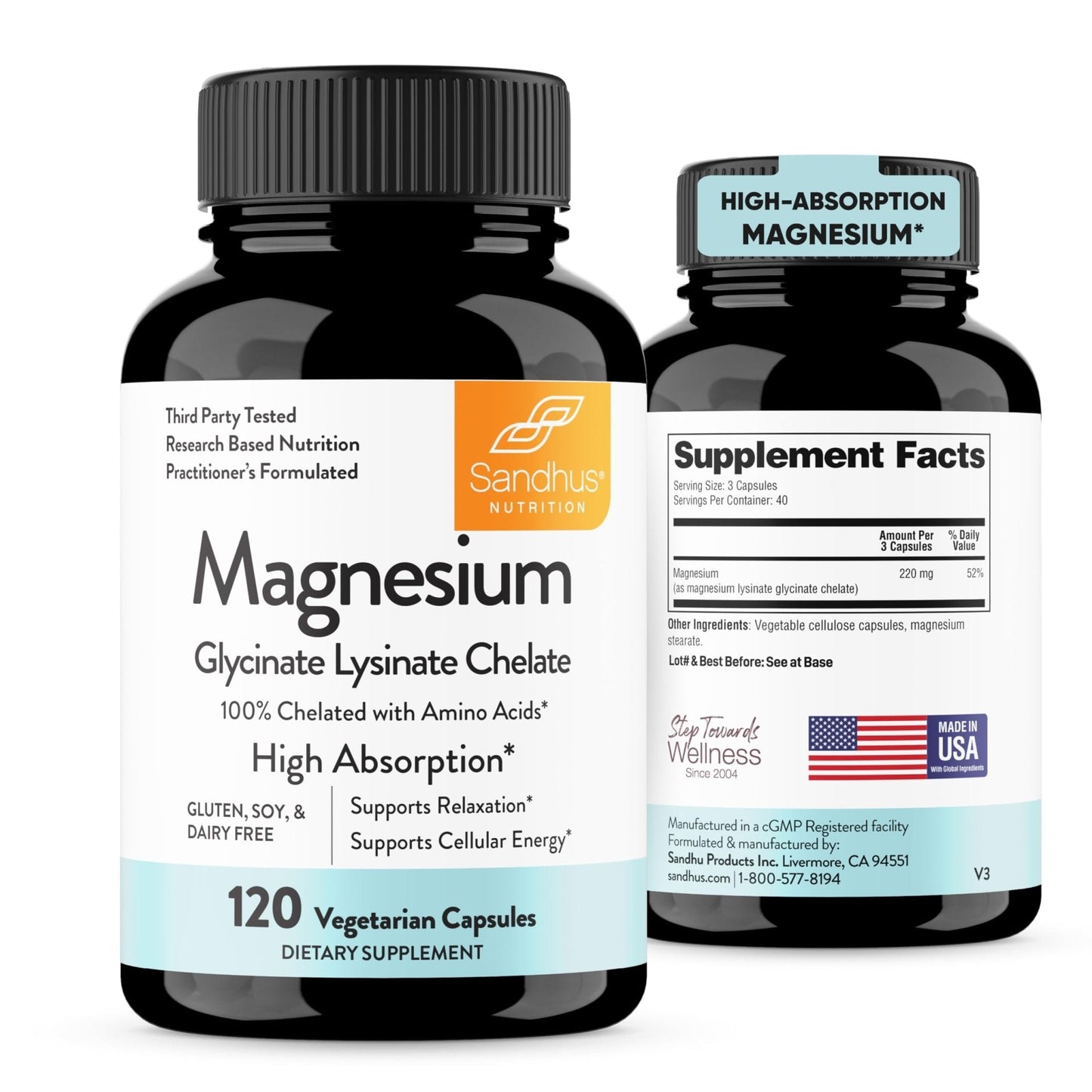 Sandhu's Magnesium Glycinate Lysinate | 120 Easy to Swallow Chelated Vegan Capsules | Magnesium Lysine Chelate Supplement for High Absorption | for Best Sleep, Leg Cramps, Relaxation - Maple Wellness Supplements