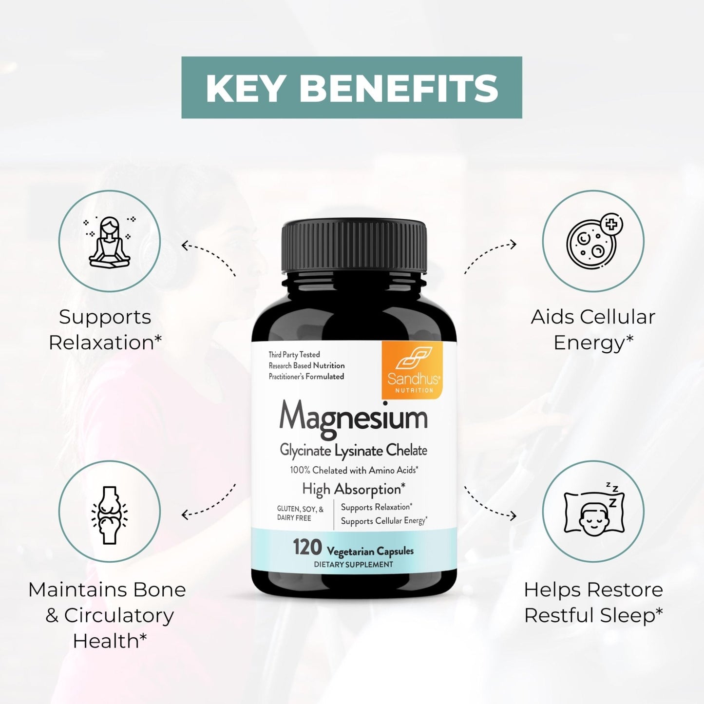 Sandhu's Magnesium Glycinate Lysinate | 120 Easy to Swallow Chelated Vegan Capsules | Magnesium Lysine Chelate Supplement for High Absorption | for Best Sleep, Leg Cramps, Relaxation - Maple Wellness Supplements