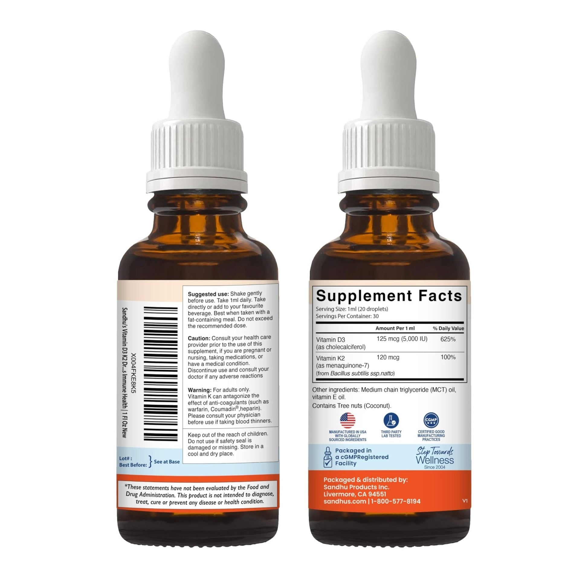 Sandhu's Vitamin D3 K2 Drops for Adults | 5000 IU D3 Liquid, 120mcg K2 Supplement 1 Fl Oz (Pack of 2) | D3K2 Supports Superior Absorption - Maple Wellness Supplements