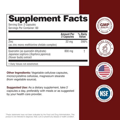 Sandhu's Zinc Quercetin 120 Vegetarian Capsules (Pack of 1) | High Absorption Zink Supplements for Immunity and Seasonal Allergy | Antioxidant Immune Support - Maple Wellness Supplements