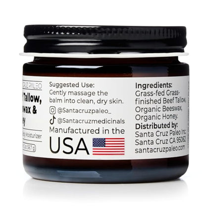 Santa Cruz Paleo, Beef Tallow, Beeswax & Honey Face Moisturizer, Organic, Unscented Grassfed Beef Tallow Skin Care, Sunscreen Free - Maple Wellness Supplements