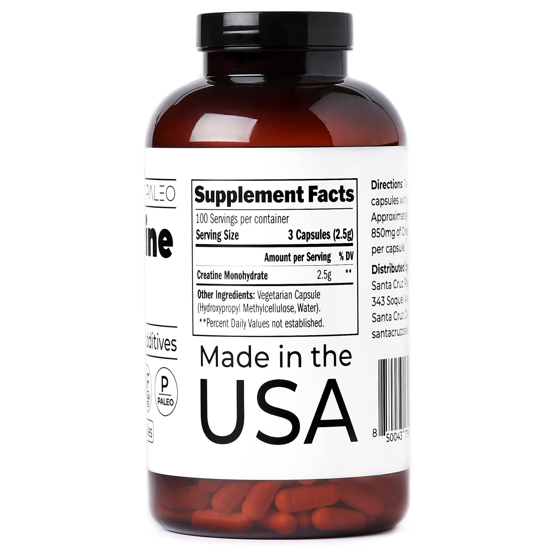Santa Cruz Paleo Creatine Capsules, Supports Muscle Growth & Energy, Gluten Free, Keto, Sugar Free, Paleo, No Fillers or Additives, Creatine Monohydrate Pills, - Maple Wellness Supplements