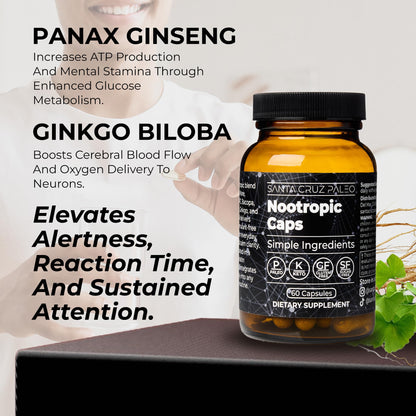 Santa Cruz Paleo Nootropic Capsules – Lions Mane, Alpha GPC, Panax Ginseng & Ginkgo Biloba for Focus, Memory, Mental Clarity & Energy – Keto, Paleo, Gluten Free Brain Supplement, 60 Caps - Maple Wellness Supplements