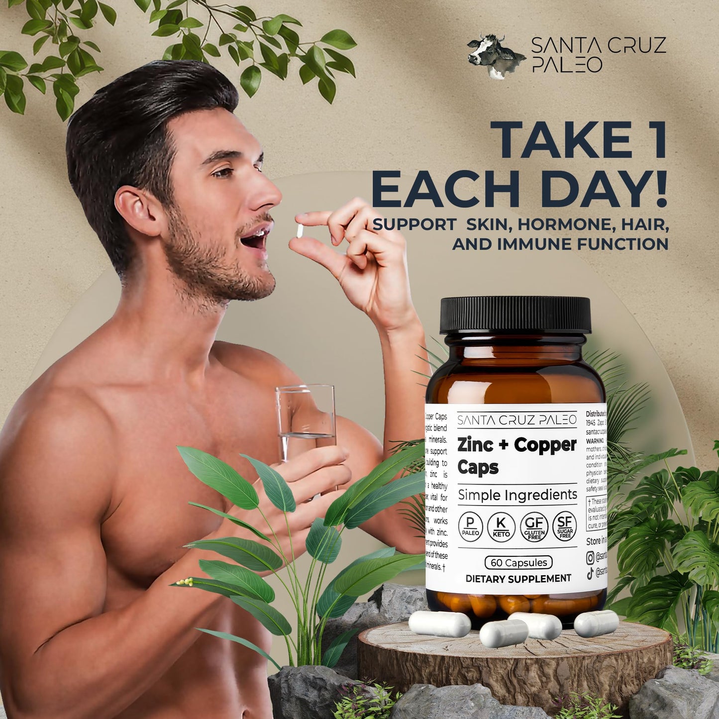 Santa Cruz Paleo, Zinc & Copper Mineral Supplement, High Absorption Formula, Zinc Supplement for Skin & Hair, L Methionine, Copper Gluconate, Trace Minerals - Maple Wellness Supplements