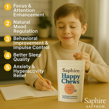 SAPHIRE HAPPY CHEWS Saffron Gummies for Kids | Supports Mood, Calm & Focus | Saffron Extract, Passionflower, St. John’s Wort & GABA - Maple Wellness Supplements