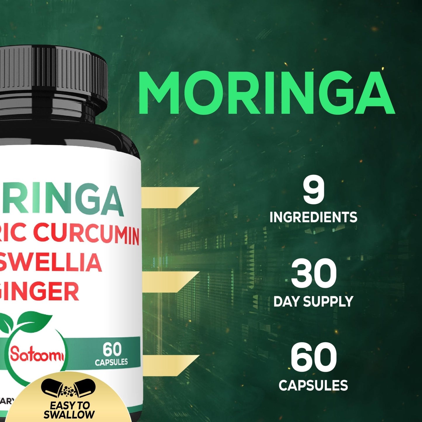Satoomi 9in1 Moringa Capsules - Featuring Moringa, Turmeric, Boswellia, Ginger, Ashwagandha, Ceylon Cinnamon and Milk Thistle, and Resveratrol | Support Mood, Heart & Overall Health - 60 Count - Maple Wellness Supplements
