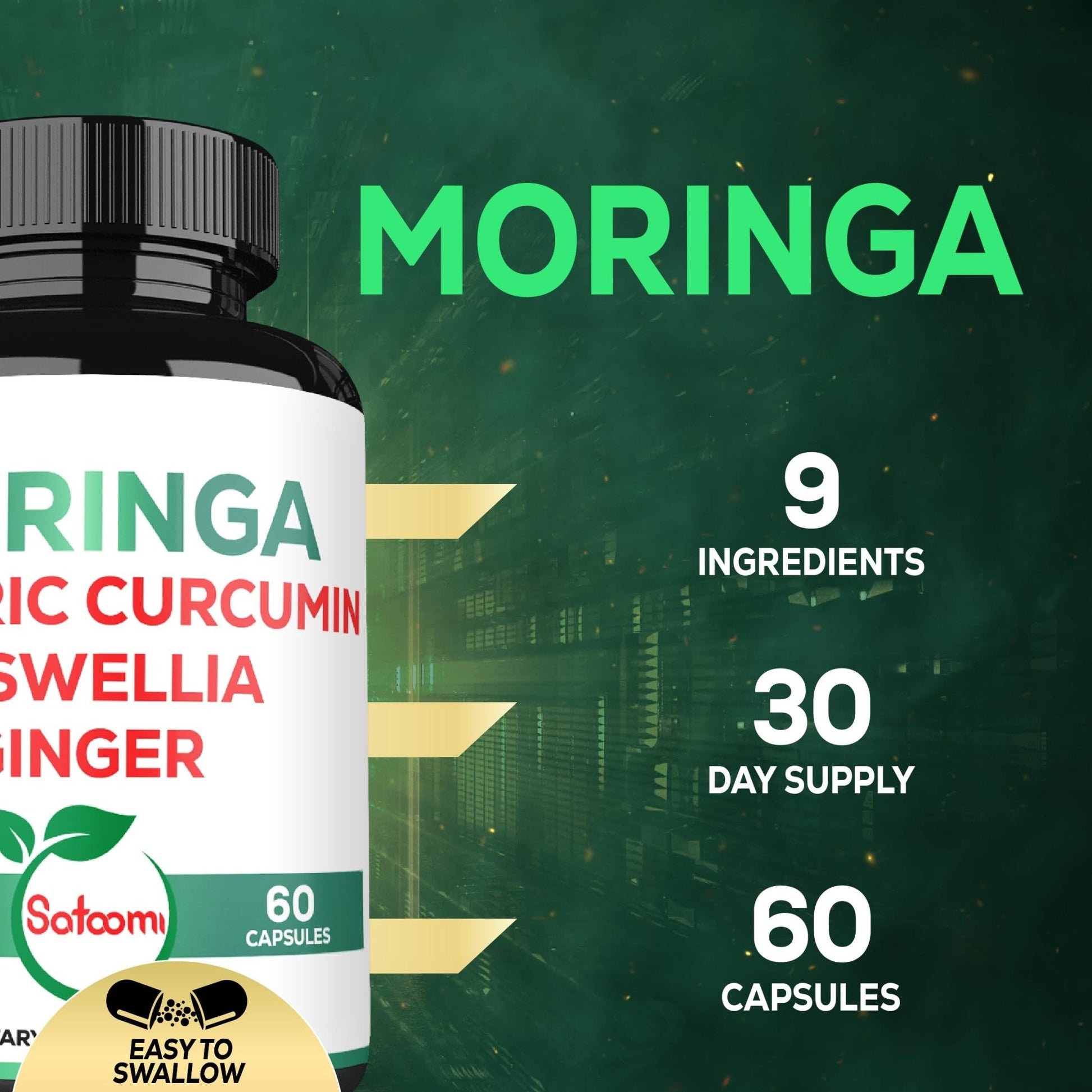 Satoomi 9in1 Moringa Capsules - Featuring Moringa, Turmeric, Boswellia, Ginger, Ashwagandha, Ceylon Cinnamon and Milk Thistle, and Resveratrol | Support Mood, Heart & Overall Health - 60 Count - Maple Wellness Supplements