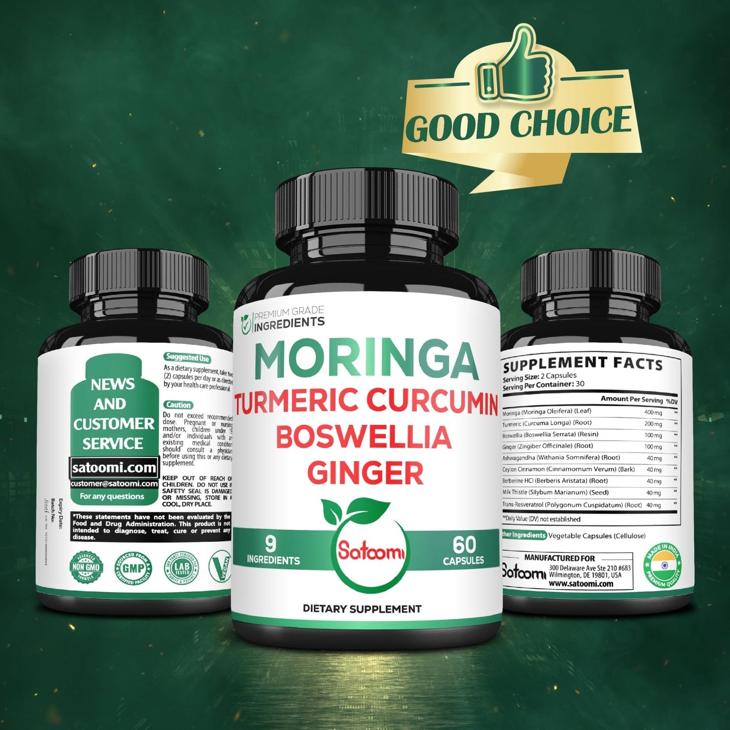 Satoomi 9in1 Moringa Capsules - Featuring Moringa, Turmeric, Boswellia, Ginger, Ashwagandha, Ceylon Cinnamon and Milk Thistle, and Resveratrol | Support Mood, Heart & Overall Health - 60 Count - Maple Wellness Supplements