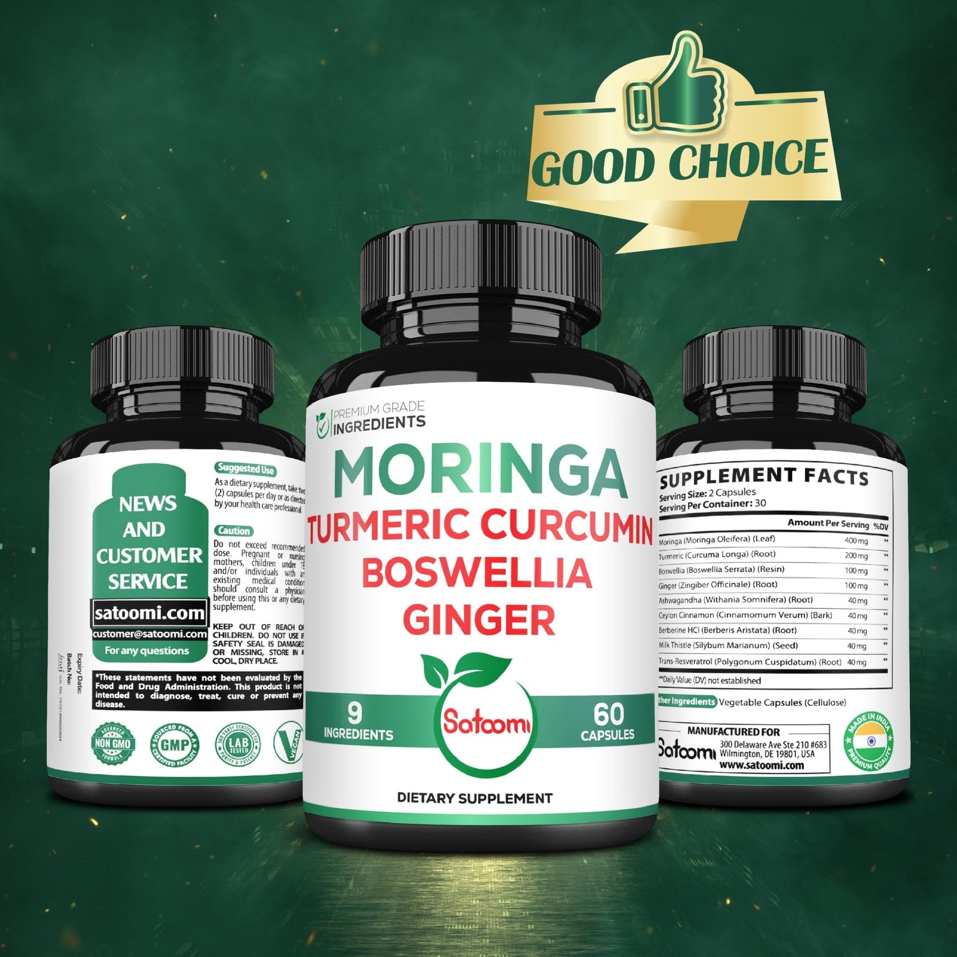 Satoomi 9in1 Moringa Capsules - Featuring Moringa, Turmeric, Boswellia, Ginger, Ashwagandha, Ceylon Cinnamon and Milk Thistle, and Resveratrol | Support Mood, Heart & Overall Health - 60 Count - Maple Wellness Supplements