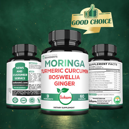 Satoomi 9in1 Moringa Capsules - Featuring Moringa, Turmeric, Boswellia, Ginger, Ashwagandha, Ceylon Cinnamon and Milk Thistle, and Resveratrol | Support Mood, Heart & Overall Health - 60 Count - Maple Wellness Supplements
