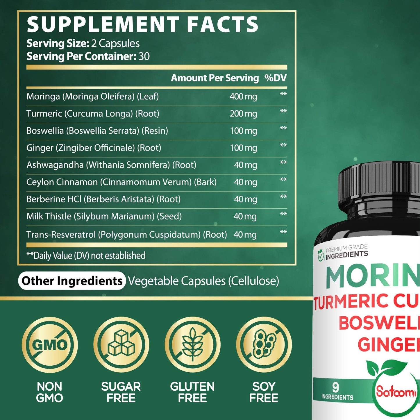 Satoomi 9in1 Moringa Capsules - Featuring Moringa, Turmeric, Boswellia, Ginger, Ashwagandha, Ceylon Cinnamon and Milk Thistle, and Resveratrol | Support Mood, Heart & Overall Health - 60 Count - Maple Wellness Supplements