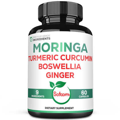 Satoomi 9in1 Moringa Capsules - Featuring Moringa, Turmeric, Boswellia, Ginger, Ashwagandha, Ceylon Cinnamon and Milk Thistle, and Resveratrol | Support Mood, Heart & Overall Health - 60 Count - Maple Wellness Supplements
