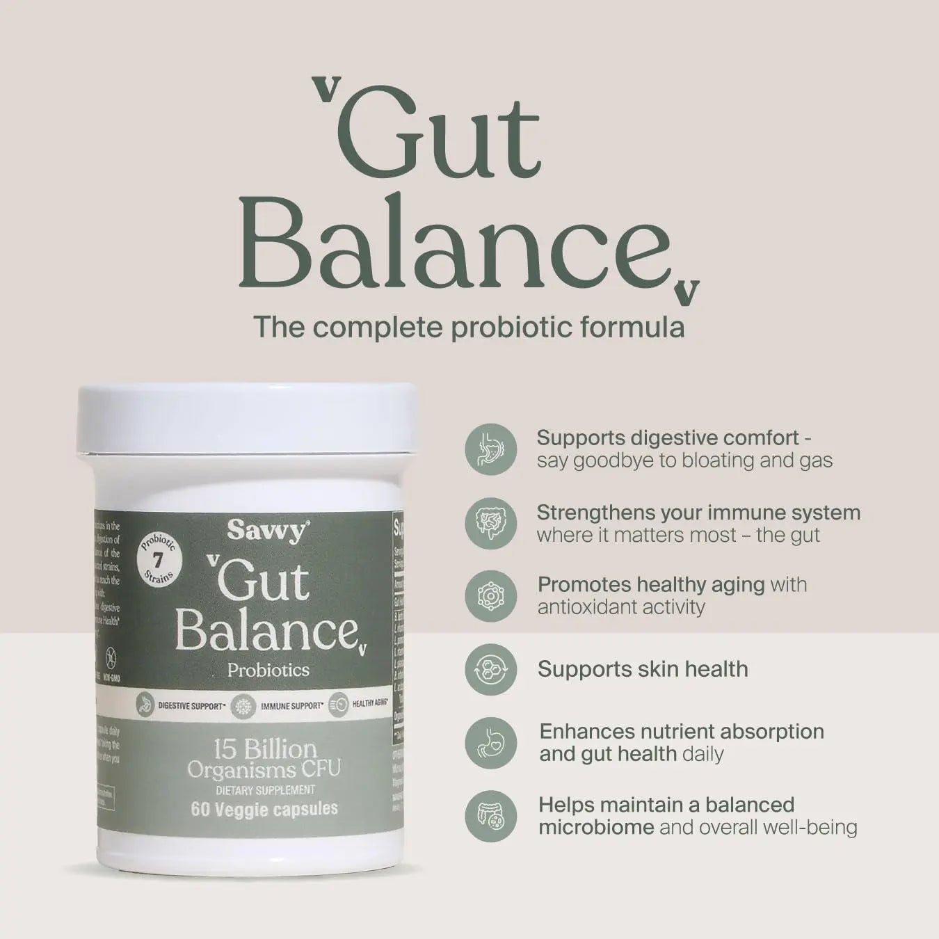 SAVVY Gut Balance Probiotics for Women & Men, 15 Billion CFU, 7 Clinically Studied Strains, Digestive Health, Immune Support, Bloating Relief, 60 Vegan Capsules, Non GMO, Sugar-Free - Maple Wellness Supplements