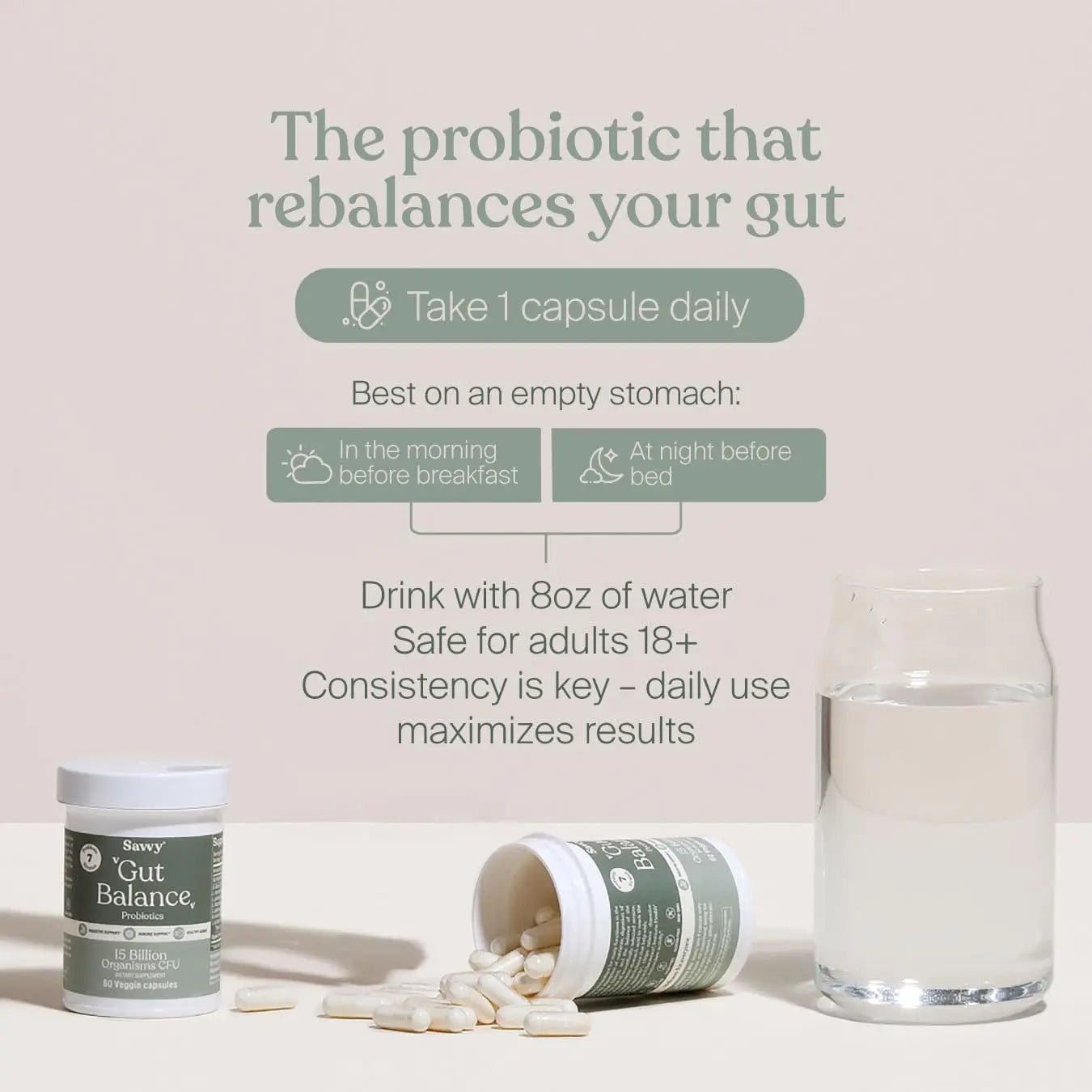 SAVVY Gut Balance Probiotics for Women & Men, 15 Billion CFU, 7 Clinically Studied Strains, Digestive Health, Immune Support, Bloating Relief, 60 Vegan Capsules, Non GMO, Sugar-Free - Maple Wellness Supplements