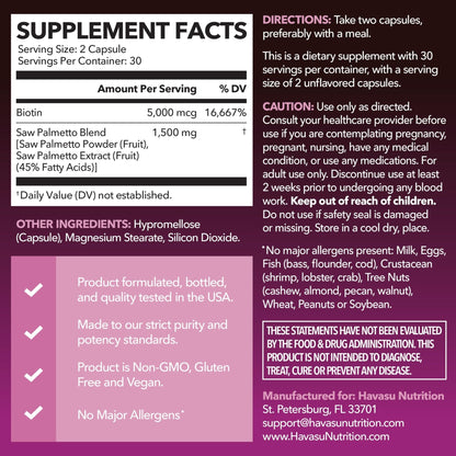 Saw Palmetto for Women with Biotin 5000mcg - Powerful DHT Blocker to Support Hair, Skin, and Nail Health - 60 Count - Vegan, Non-GMO Vitamin for Stronger, - Maple Wellness Supplements