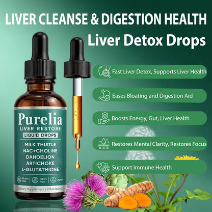 SCEZROB Purelia Liver Restore Drops – Complete Liver Detox Support Supplement with Milk Thistle, Dandelion & L-Glutathione for Liver Cleanse & Digestion Aid Health, 2 Fl Oz (1) - Maple Wellness Supplements