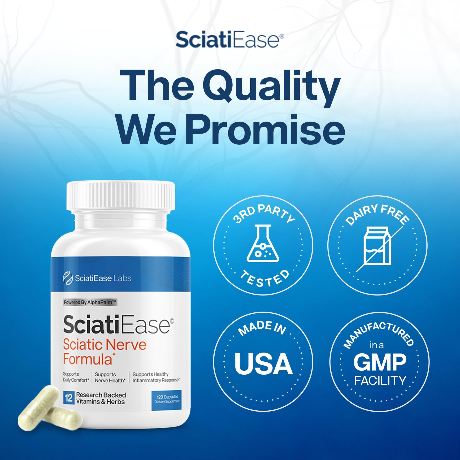 SciatiEase Sciatic Nerve Health Support Supplement - Nerve Support Formula with AlphaPalm, Pea, Vitamin B Complex, Alpha Lipoic Acid 300mg - 120 Capsules - Maple Wellness Supplements