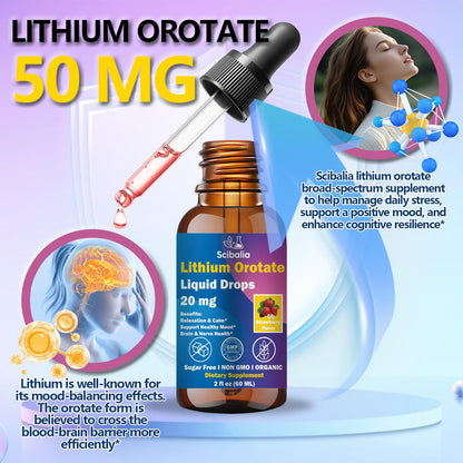 Scibalia Lithium Orotate Liquid Drops 20mg, Potency 11-in-1 Lithium Supplement w. NAC Magnesium Ashwagandha Theanine Vitamin D3 B6 B12 for Memory Brain Mood Cognitive Support, - Maple Wellness Supplements