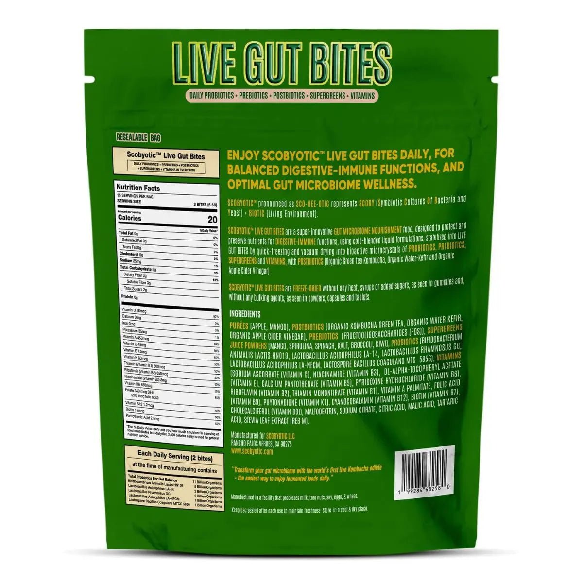 Scobyotic® Kombucha Supergreens Live Gut Bites – 10 Billion CFU Probiotics + Prebiotics & Postbiotics – Kombucha & Supergreens – Freeze-Dried Probiotic Supplement - Maple Wellness Supplements