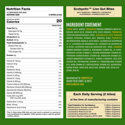 Scobyotic® Kombucha Supergreens Live Gut Bites – 10 Billion CFU Probiotics + Prebiotics & Postbiotics – Kombucha & Supergreens – Freeze-Dried Probiotic Supplement - Maple Wellness Supplements