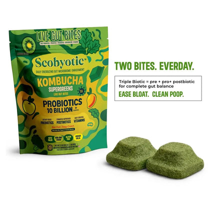 Scobyotic® Kombucha Supergreens Live Gut Bites – 10 Billion CFU Probiotics + Prebiotics & Postbiotics – Kombucha & Supergreens – Freeze-Dried Probiotic Supplement - Maple Wellness Supplements