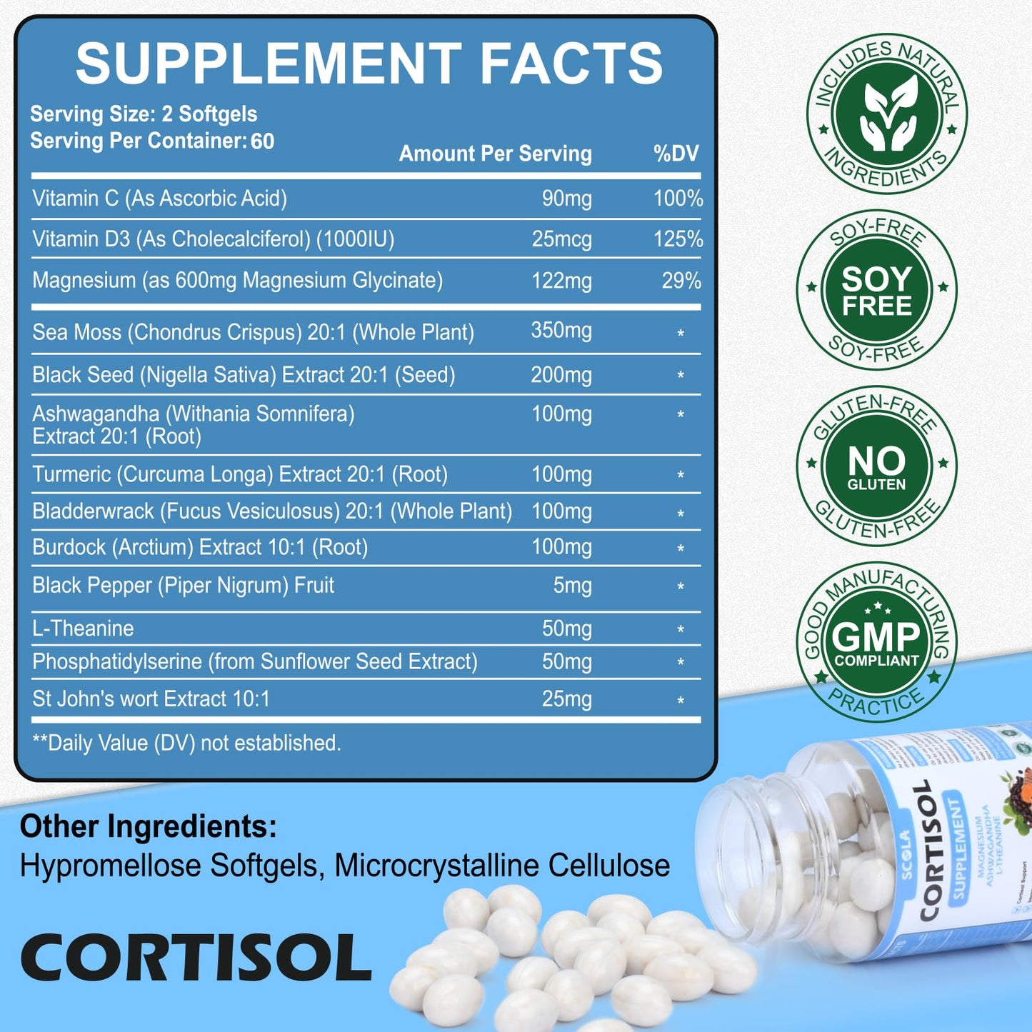 SCOLA Cortisol Supplement for Women and Men with Magnesium, Ashwagandha/L-Theanine, Cortisol Detox Manager, Cortisol Reducer Supports Relaxation & Calm, Mood, Sleep, 120 Count - Maple Wellness Supplements