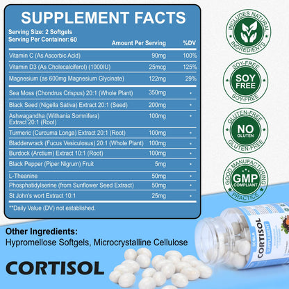 SCOLA Cortisol Supplement for Women and Men with Magnesium, Ashwagandha/L-Theanine, Cortisol Detox Manager, Cortisol Reducer Supports Relaxation & Calm, Mood, Sleep, 120 Count - Maple Wellness Supplements