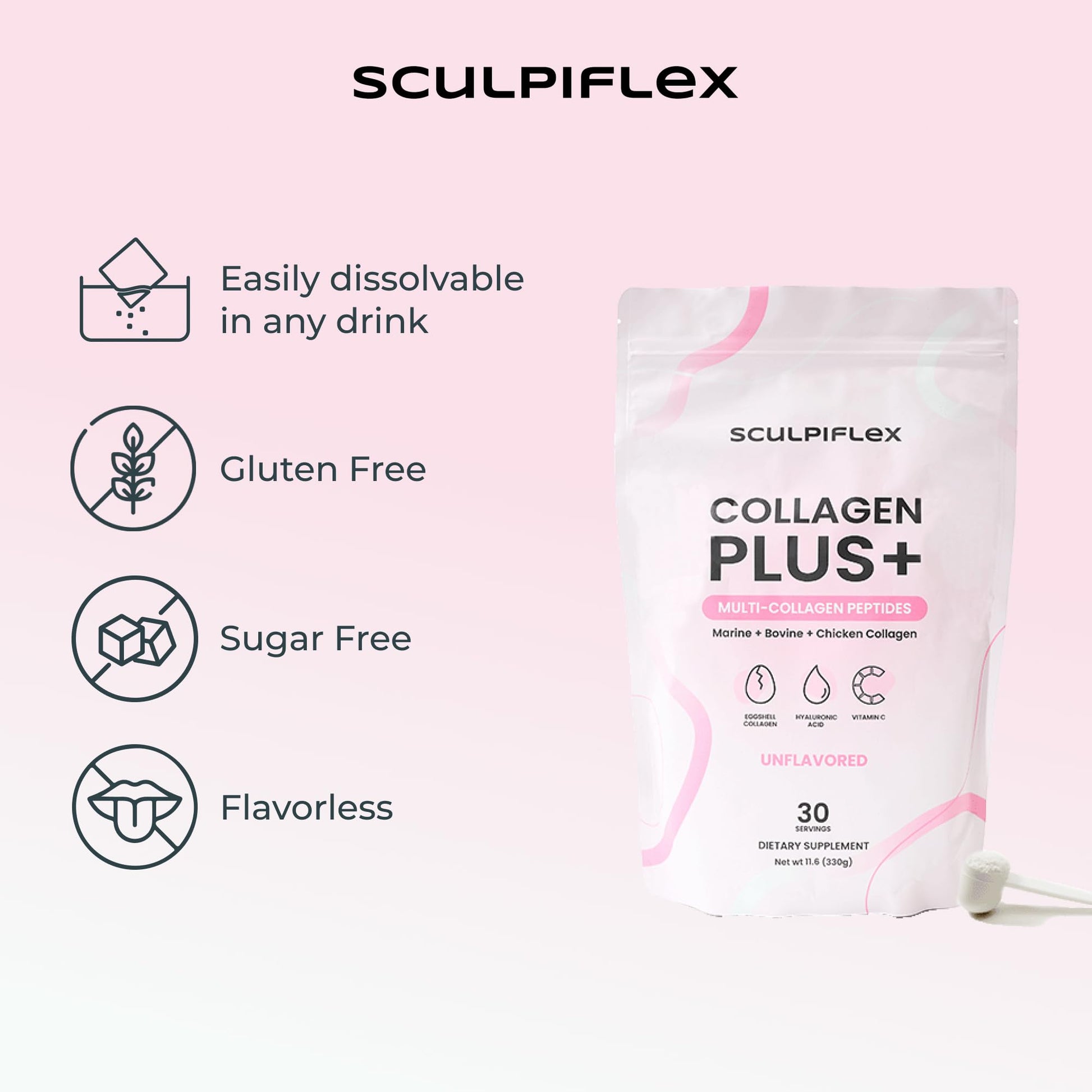 Sculpiflex Hydrolyzed Collagen Peptides Powder, Marine, Bovine, and Chicken Unflavored Multi Collagen Complex for Women, Firms Skin and Boosts Elasticity, Hydrating with Hyaluronic Acid (30 Servings) - Maple Wellness Supplements