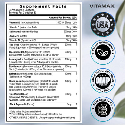 Sea Moss 3000mg Maca 1000mg Black Seed Oil 2000mg Ashwagandha 1000mg Bladderw - Maple Wellness Supplements