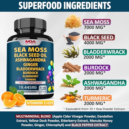 Sea Moss Black Seed Oil Ashwagandha Ginger - Multimineral Sea Moss Capsules - Maple Wellness Supplements