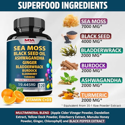 Sea Moss Black Seed Oil Ashwagandha Ginger - Multimineral Sea Moss Capsules - Maple Wellness Supplements