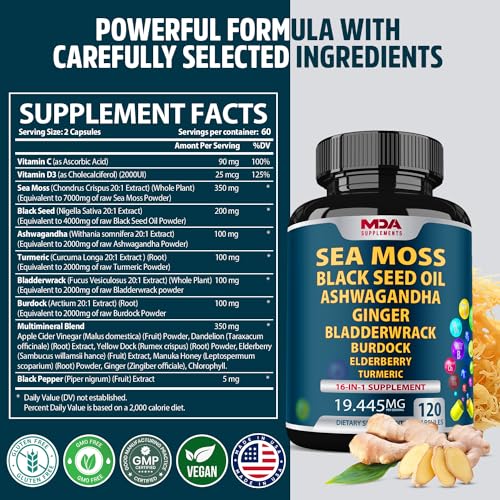 Sea Moss Black Seed Oil Ashwagandha Ginger - Multimineral Sea Moss Capsules - Maple Wellness Supplements