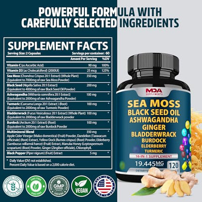Sea Moss Black Seed Oil Ashwagandha Ginger - Multimineral Sea Moss Capsules - Maple Wellness Supplements