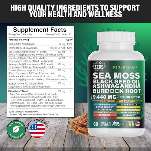 Sea Moss Capsules with Black Seed Oil, Burdock Root, Bladderwrack, Turmeric, Ashwagan - Maple Wellness Supplements