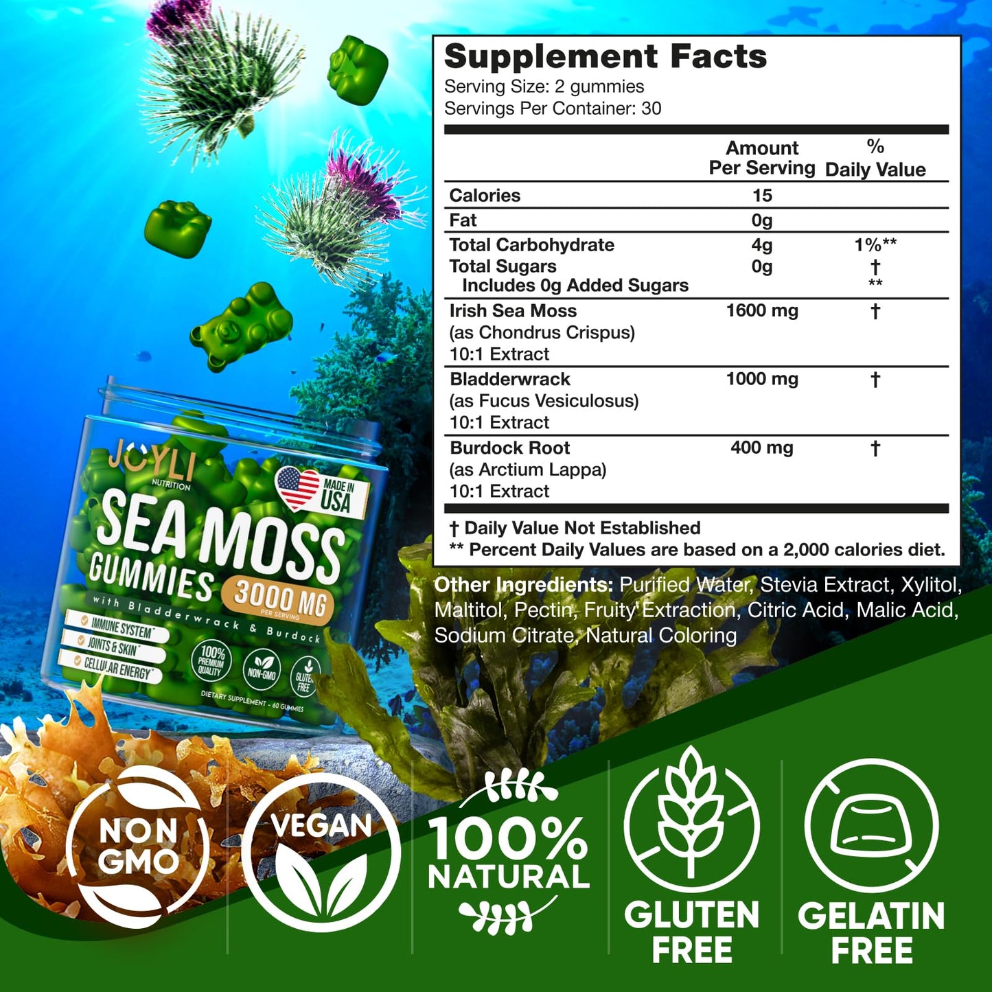 Sea Moss Gummies - Irish Seamoss Gummies for Adults & Kids - Advanced Superfood Supplement with Natural Sea Moss Gel, Bladderwrack & Burdock Root Extract - 60 Vegan Irish Moss Gummy Bears - Maple Wellness Supplements