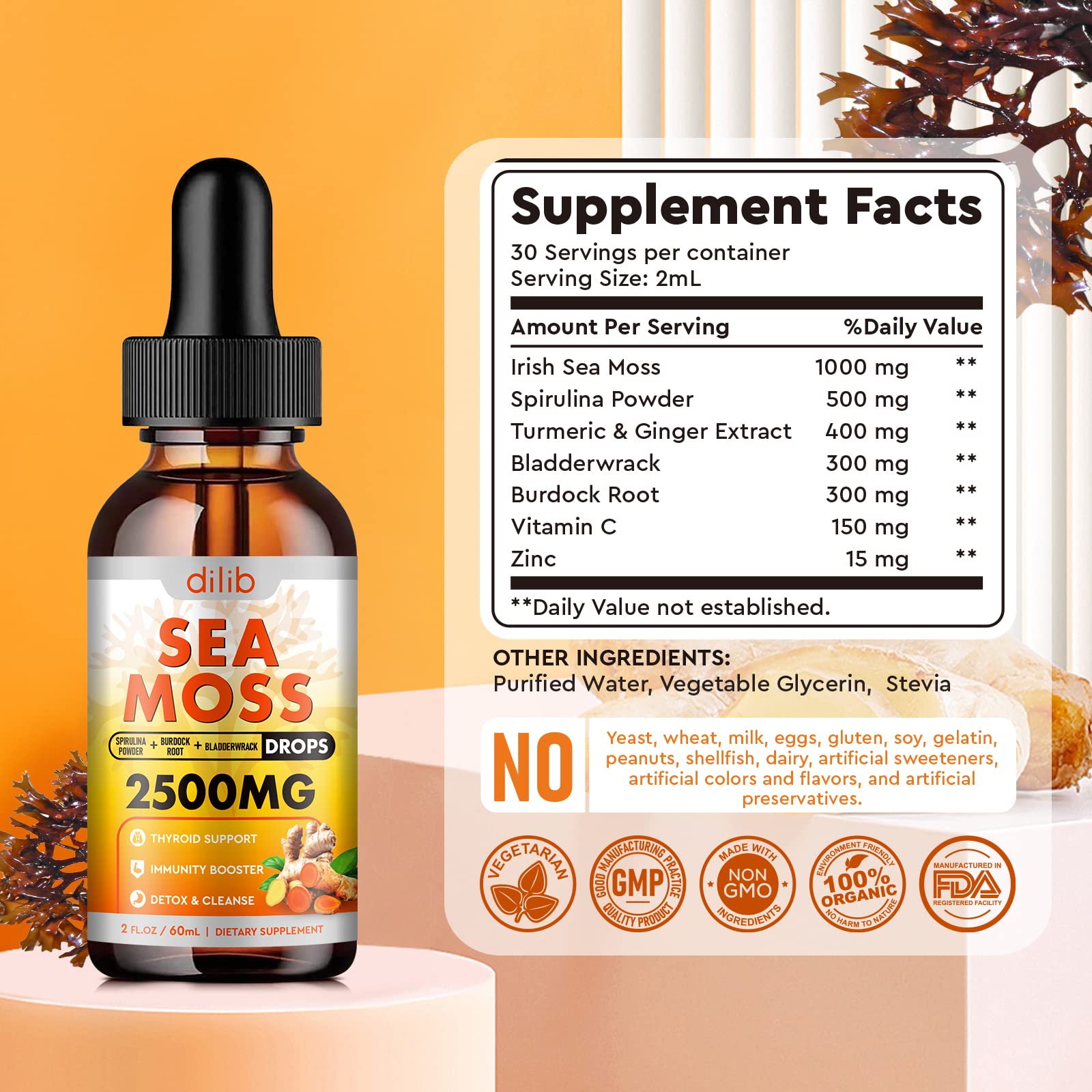 Sea Moss Liquid Drops: Organic Irish Sea Moss 2500mg with Turmeric, Bladderwrack - Maple Wellness Supplements