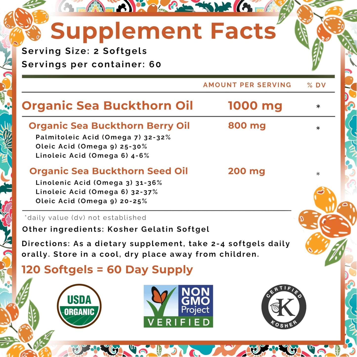 SeabuckWonders Organic Sea Buckthorn Oil Omega-7 Complete,120 Softgels, 60 Day Supply, with Omega 3, 6 & 9, Supports Hair - Maple Wellness Supplements