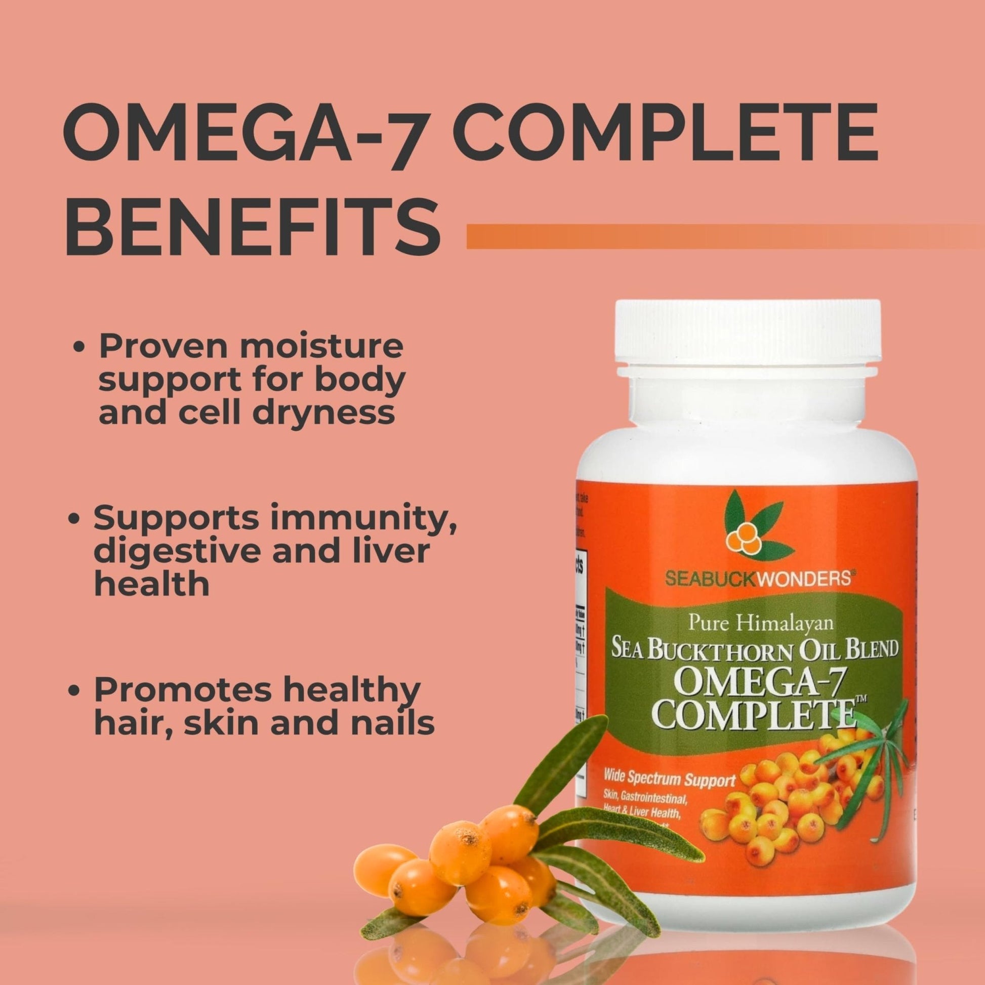 SeabuckWonders Organic Sea Buckthorn Oil Omega-7 Complete,120 Softgels, 60 Day Supply, with Omega 3, 6 & 9, Supports Hair - Maple Wellness Supplements