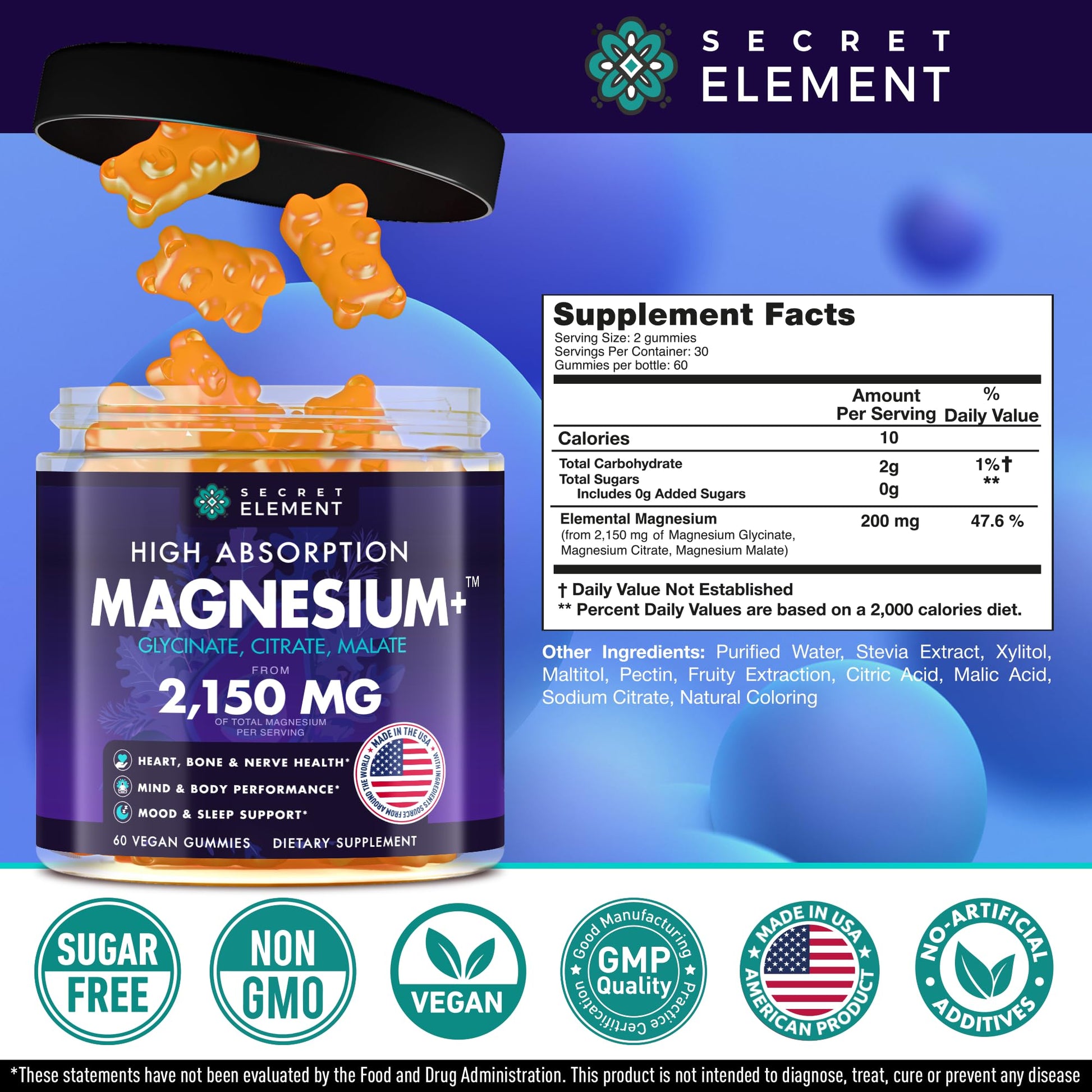 Secret Element Magnesium Glycinate 2150MG Gummies for Women and Men, High Absorption Magnesium Glycinate, Citrate, Malate Gummies for Adults & Kids, Sleep Support - Maple Wellness Supplements
