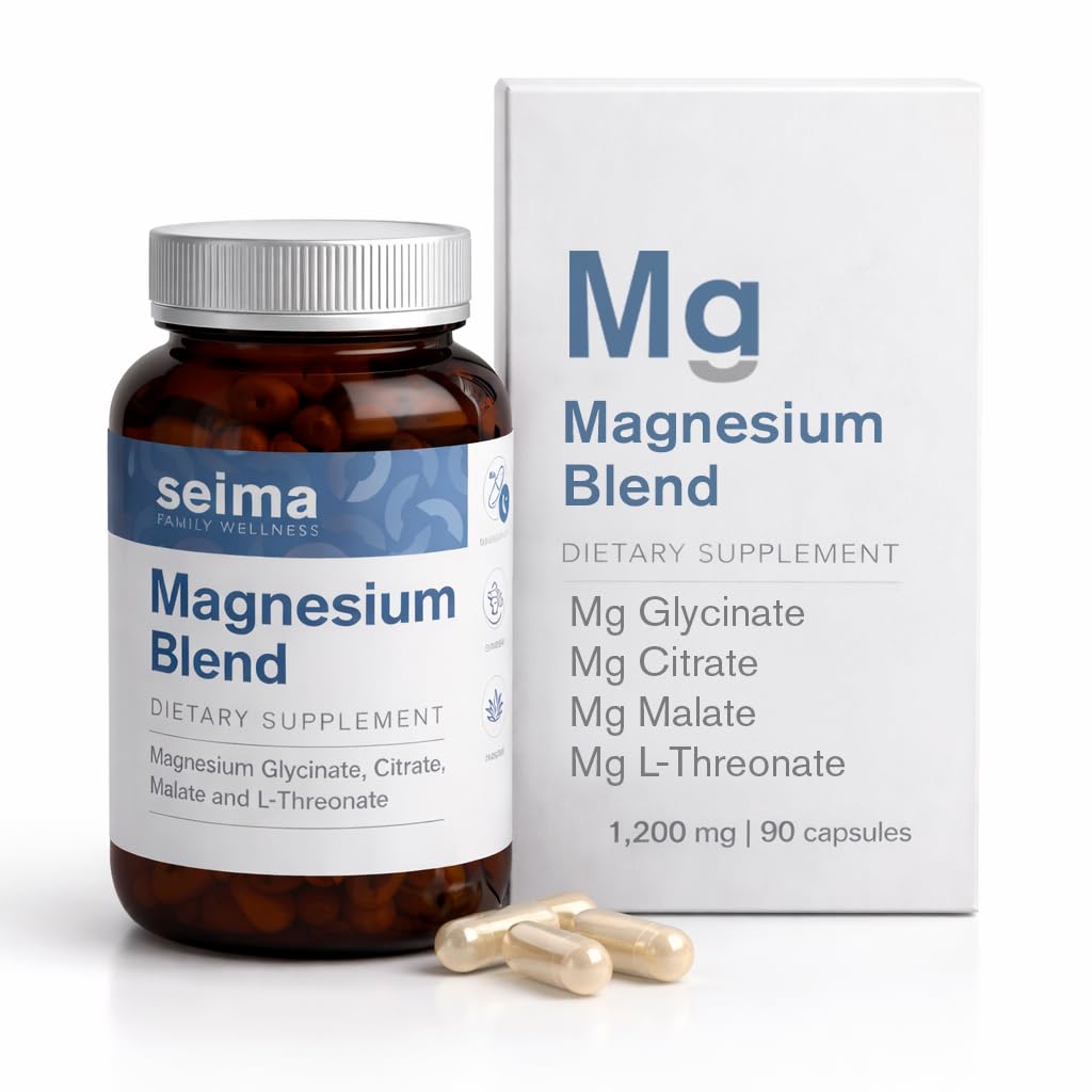 SEIMA - 4-in-1 Magnesium Complex – 1200 mg with Glycinate, Citrate, L-Threonate and Malate – Sleep, Stress Relief, Muscle Recovery, Energy and Well-Being for Women and Men, 90 Capsules - Maple Wellness Supplements