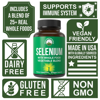 Selenium Supplement with Whole Food Blend of 25+ Vegetables and Fruits for Max Absorption. Pure Selenium Vegan Capsules for Immune System, Thyroid Support, Heart Health, Prostate Support. 30 Pills - Maple Wellness Supplements