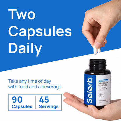 Selerb Magnesium Complex for Women and Men-Glycinate,Malate,Citrate,Oxide Supports Calm, Sleep, Muscle & Energy with D3, B6, Zinc, Slippery Elm & DGL Gentle on Stomach 90 Capsules - Maple Wellness Supplements