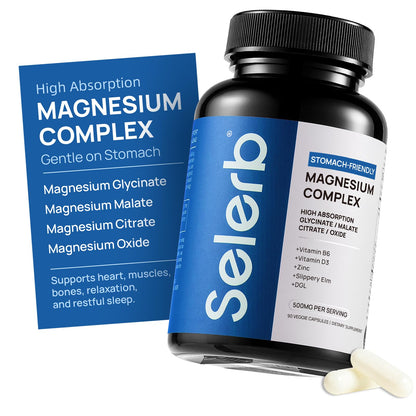 Selerb Magnesium Complex for Women and Men-Glycinate,Malate,Citrate,Oxide Supports Calm, Sleep, Muscle & Energy with D3, B6, Zinc, Slippery Elm & DGL Gentle on Stomach 90 Capsules - Maple Wellness Supplements