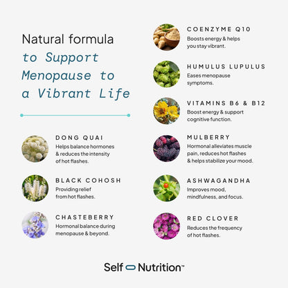 SELF NUTRITION Menopause Support for Women -All-Natural, Hormone-Free Perimenopause & Menopause Support. Unique Blend for Hot Flashes, Mood, Energy, Sleep & More. Vegan, Gluten-Free, 60 Capsules. - Maple Wellness Supplements
